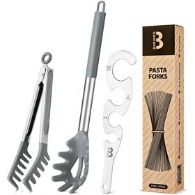 Bd1-103 Badiano Silicone Spaghetti Spoon And Pasta Tong With Measurer 3 Pack 11.6 Inch Gray
