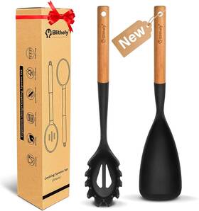 2-sfs-w Blithely Silicone Cooking Spoon And Pasta Fork Set 2 Pack Large Spatula Spoons Black
