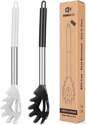 Fb-109-bw Bundlepro Pack Of 2 Silicone Pasta Fork Kitchen Heat Resistant Noodle Black-white