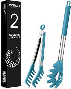 Drk-027-main Dairen Kitchen Spaghetti Spoon And Pasta Tong Non-stick Silicone Server Fork Blue