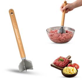 Leffik 693635160081 11 Inch Stainless Steel Meat Chopper With Wooden Handle Heavy Silver