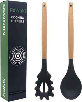 Dg2p Pawuki Silicone Pasta Fork And Cooking Spoon Set Large Non Stick Dark Gray
