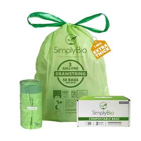 Simply Bio 810117271022 3 Gal. Compostable Trash Bags Drawstring Heavy Duty 1 Mil. Small Kitchen Food