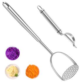 Voovao Masher007 2pcs Long Handle Large Potato Smasher With 13.7 Inch Silver-set-l