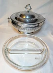 Vintage 50S Pyrex 595 Divided Glass 10"DISH Aluminum Covered Chafing Usa. Fixed Price $32.90.