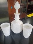 Rare Vintage Fostoria Jenny Lind Milk Glass Decanter W Stopper & 2 Tumblers 1950. Fixed Price $130.00.