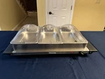 Broil King Professional Stainless-steel Triple Buffet Server With Plastic Lids. Fixed Price $75.00.