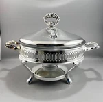 Oneida Silverplate Tall Food Warmer W/ Ovenware Glass Liner 2 Quart Box. Fixed Price $36.00.