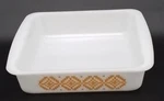Glasbake Vintage J2428 Square Milk Glass Baking Dish Yellow Gold Medallion. Fixed Price $12.99.
