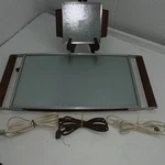 2 Vintage 1950 Salton Hotray Food Warmer Textured Glass Top Wooden Handles. Fixed Price $40.00.
