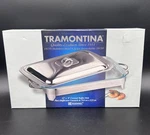 New Tramontina 18/10 Stainless Steel Covered Buffet Server 13" X 9" Glass Dish. Fixed Price $24.50.