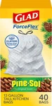 Glad Forceflex Tall Kitchen Trash Bags 13 Gallon Pine-sol Original 40 Count. Fixed Price $13.50.