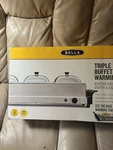 New Bella Triple Buffet Server And Warming Tray 3- 1.4 Liter Chafing Dishes. Fixed Price $50.00.