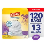 Glad Forceflex Tall Kitchen Drawstring Trash Bags 13 Gallon, 120 Count. Fixed Price $24.70.