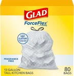 Glad Forceflex Tall Kitchen Drawstring Trash Bags, 13 Gal, Fragrance Free, 80 Ct. Fixed Price $20.99.