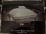 Nib Godinger Silver Art Co. 1 Qt Covered Porcelain Baker With Warmer Stand. Fixed Price $42.50.