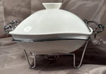 Godinger Siena White Casserole Dish W/ Warming Stand Mid-century Pinwheel Design. Fixed Price $20.00.