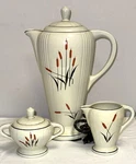Universal Pottery Sears & Roebuck Cattail Electric Coffee W/ Creamer Sugar. Fixed Price $220.00.