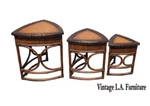 Set Of Three Vintage Bamboo Rattan Leather Ostrich Nesting Tables LH2. Fixed Price $799.00.