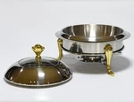 Round Stainless Steel Chafing Dish Silver Gold Accents Handles Stand Tray Lid. Fixed Price $44.08.