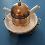 Old Dutch Chafing Dish And Matching Tea Pot Vintage Copper & Porcelain Portigal. Fixed Price $25.00.