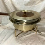 Mcm Vintage Dura Brass Buehner-wanner Chafing Dish With Rare Wood Grain Top. Fixed Price $55.00.