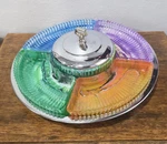 Kromex Lazy Susan Chrome Colorful Glass Divided Serving Tray W/ Lid Mcm 14". Fixed Price $85.00.