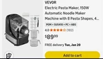 Vevor Automatic Electric Pasta Maker/extruder 150W, 8 Discs, 4 Programs, Black. Fixed Price $47.50.