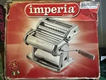 Imperia Manual Pasta Maker Machine W/ Clamp & Hand Crank, Silver Metal. Fixed Price $110.00.