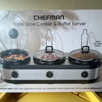 Chefman Triple Slow Cooker Buffet Server 3X2.5QT Ceramic Stainless Steel. Fixed Price $69.99.
