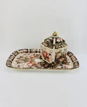 Royal Crown Derby Old Imari Inkwell Porcelain Set Plate And Covered Box. Fixed Price $375.00.