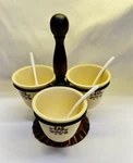 Vtg Pfaltzgraff Brown Village Condiment Server Relish Dish Wood & Copper Stand. Fixed Price $15.39.