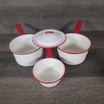 Vintage 4PC White Red Enamelware Pans Rustic Farm Lid Sauce Double Broil. Fixed Price $25.95.