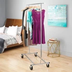 Whitmor Rolling Folding Garment Rack, Adjustable Width 51-74.5 In, Height 66-71. Fixed Price $45.00.
