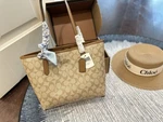 Coach Signature Logo Tote Medium Beige Brown Snap Closure Double Handles Box. Fixed Price $245.00.