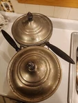 Antique Dual Chafing Food Warming Pans W/lids Heat Cans & Stand Copper Brass. Fixed Price $29.00.