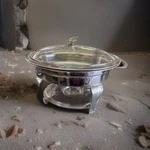 Round Stainless Steel & Glass 4 Qt Chafing Dish Buffet Warmer W/ Lid Stand. Fixed Price $45.00.